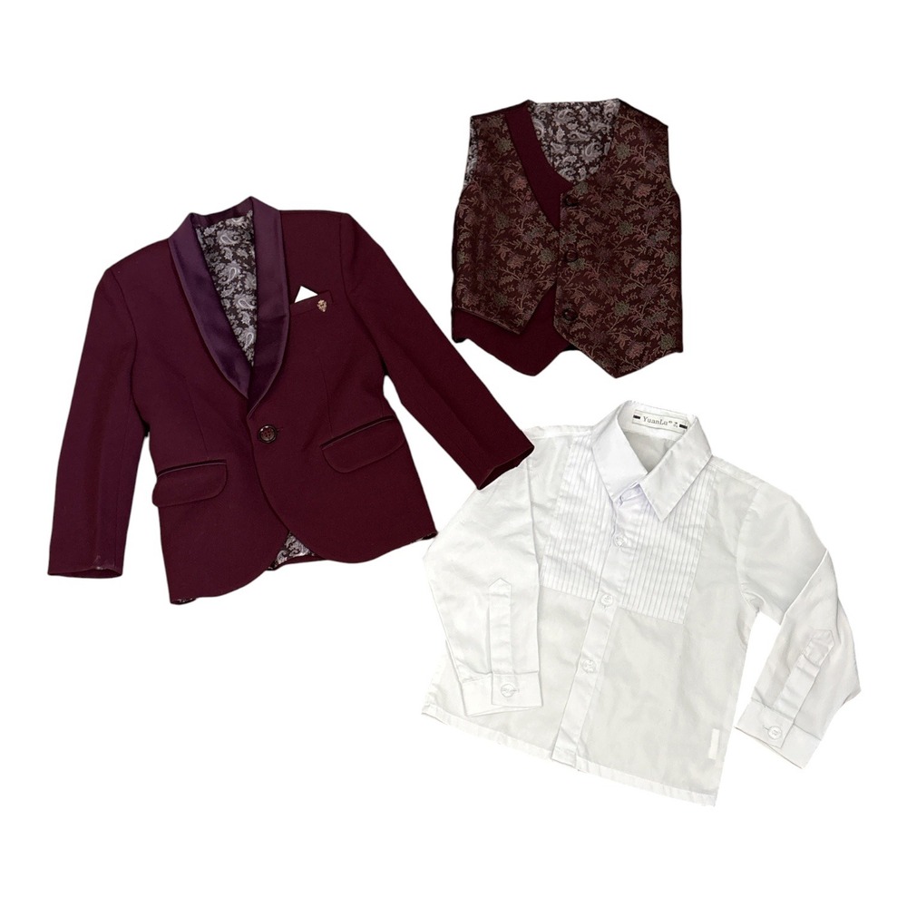 Burgundy Shawl Lapel Blazer Suit Jacket with Matching Vest & White Shirt, Size 2
